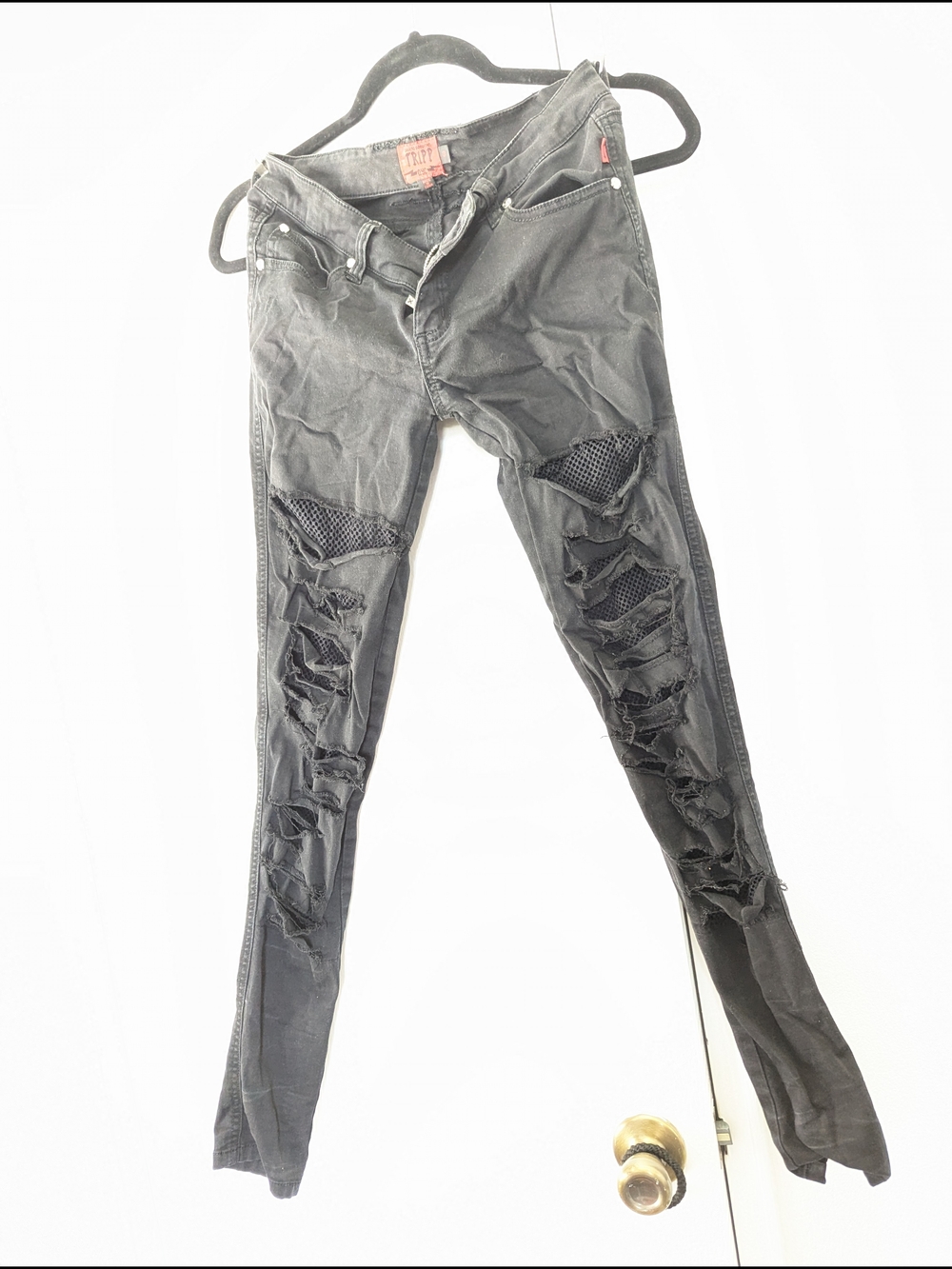 Tripp NYC Black Distressed Denim Pants with Mesh Fishnet Panels